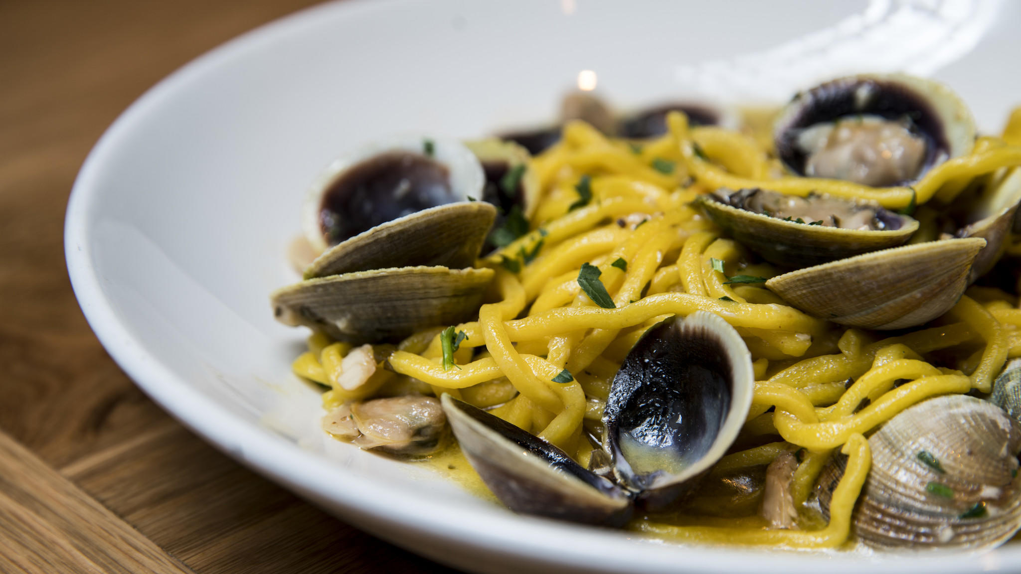 Plate of Uovo's Vongole Tonnarelli, or Tonnarelli pasta with clams
